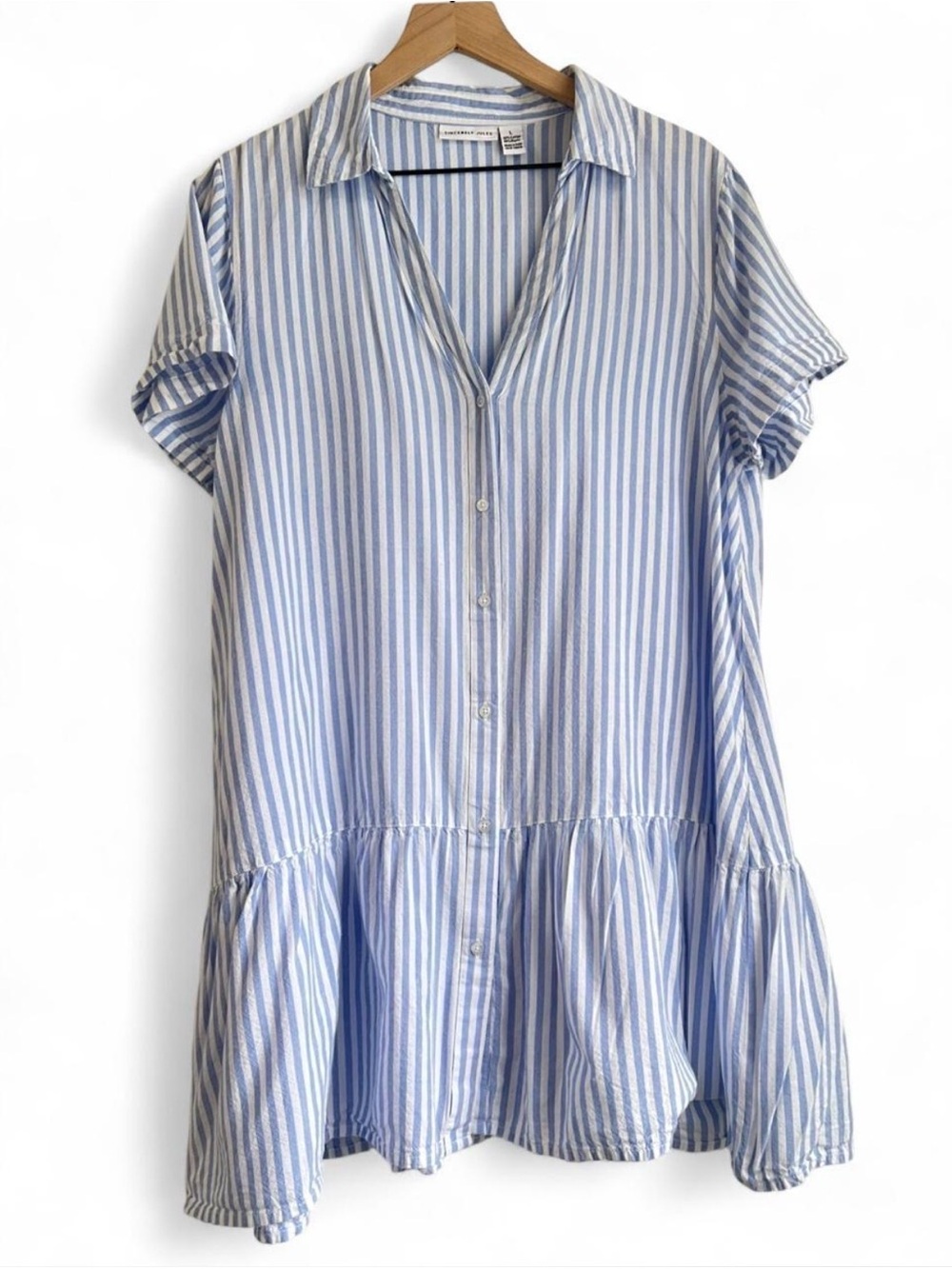 Sincerely Jules Light Blue White Striped Shirt Dress L Coastal Ruffle Preppy